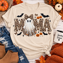 Load image into Gallery viewer, Mama leopard ghost Halloween graphic on cream short sleeve crewneck tee with pumpkins and bats
