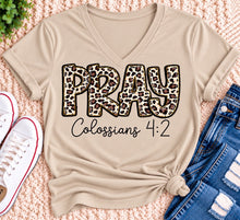 Load image into Gallery viewer, PRAY Colossians 4:2 leopard print Christian graphic shirt available in short sleeve crewneck, V-neck, long sleeve and hoodie styles.
