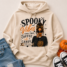 Load image into Gallery viewer, Cream Spooky Vibes Halloween hoodie with coffee, pumpkin, bats and leopard print graphic.
