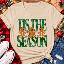 Load image into Gallery viewer, Tis the Season Christmas graphic apparel featuring green polka dot lettering and three gingerbread cookies
