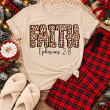 Load image into Gallery viewer, FAITH Ephesians 2:8 leopard print Christian graphic apparel for women in beige and red
