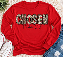 Load image into Gallery viewer, CHOSEN 1 Peter 2:9 leopard print Christian graphic apparel for women in red and beige
