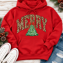 Load image into Gallery viewer, MERRY leopard print Christmas tree graphic apparel for women in black, red and beige
