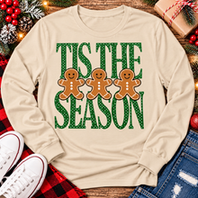 Load image into Gallery viewer, Tis the Season Christmas graphic apparel featuring green polka dot lettering and three gingerbread cookies
