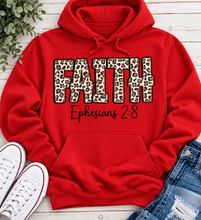 Load image into Gallery viewer, FAITH Ephesians 2:8 leopard print Christian graphic apparel for women in beige and red
