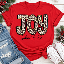 Load image into Gallery viewer, JOY John 16:22 leopard print Christmas graphic apparel available in four styles and two colors.
