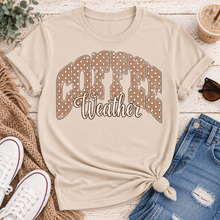 Load image into Gallery viewer, Coffee Weather polka dot graphic shirt available in brown and beige V-neck, crewneck tee, long sleeve tee and hoodie styles.

