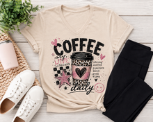 Load image into Gallery viewer, Coffee My Love Language graphic V-neck tee with pink and leopard print coffee cup design
