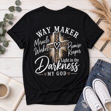Load image into Gallery viewer, Back: Black Way Maker Christian graphic tee featuring a leopard print cross with Miracle Worker, Promise Keeper, Light in the Darkness and My God lettering.
