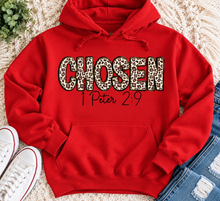 Load image into Gallery viewer, CHOSEN 1 Peter 2:9 leopard print Christian graphic apparel for women in red and beige
