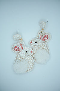 Easter Bunny Pom Seed Bead Earrings in White