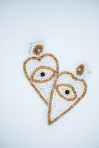 Heart Evil Eye Seed Bead Earrings in White