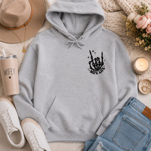 Load image into Gallery viewer, Gray graphic hoodie featuring a small black skeleton hand and “Wife Life” design on the front chest.
