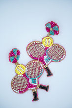 Load image into Gallery viewer, Doubles Tennis Racket Seed Bead Earrings in Fuchsia and Sky Blue
