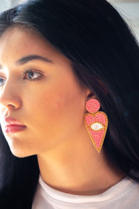 Heart Evil Eye Seed Bead Earrings in Pink