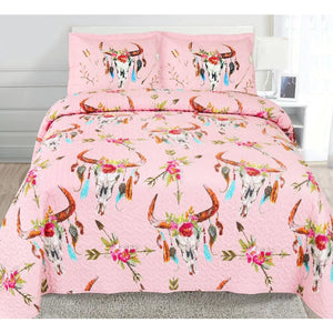 Pink Sunflower & Skulls 3pc Bedspread Set