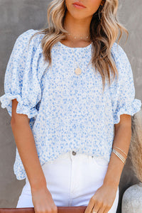 Smocked Puff Sleeve Blouse in Blue Floral