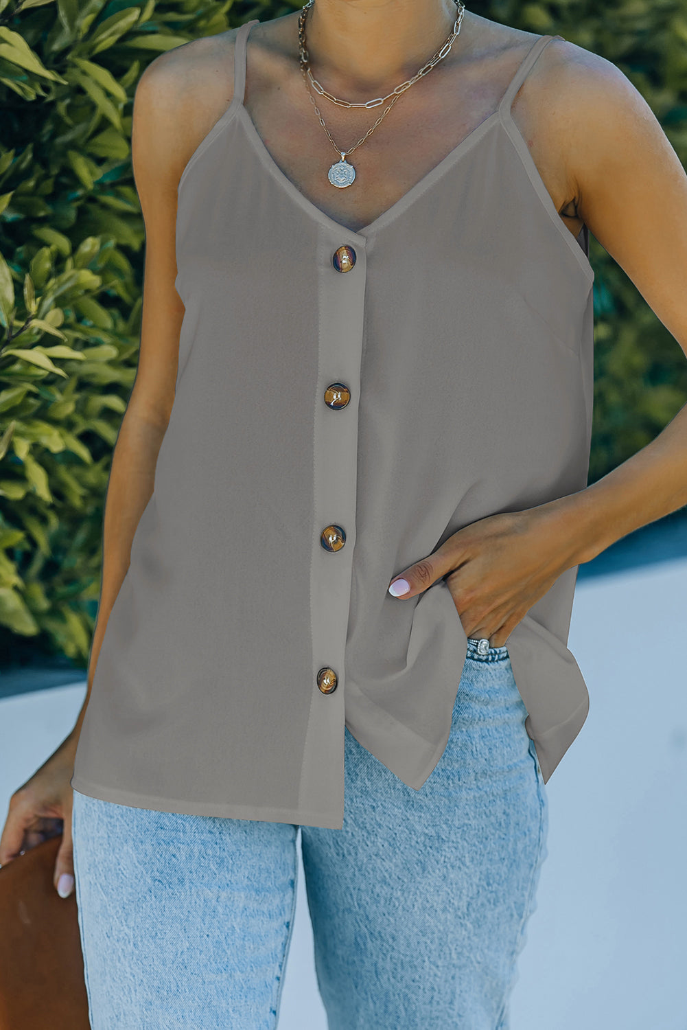 Gray Button Front Tank