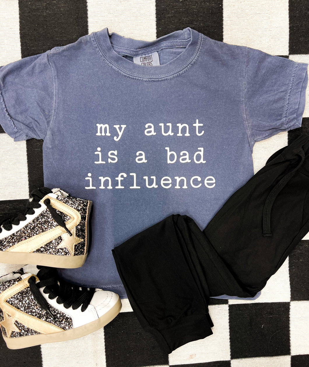 My Aunt Is A Bad Influence | Kid's Dusty Blue Graphic Tee