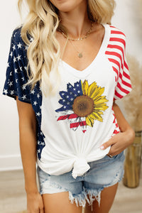 White American Flag Sunflower Color Block V Neck T Shirt