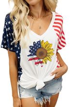 Load image into Gallery viewer, White American Flag Sunflower Color Block V Neck T Shirt
