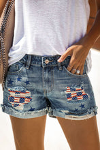 Load image into Gallery viewer, Sky Blue Star American Flag Patchwork Distressed Denim Shorts
