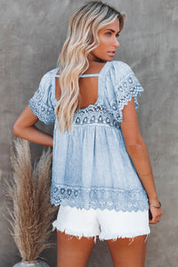 Square Neck Blouse with Lace Detail - Blue