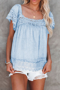 Square Neck Blouse with Lace Detail - Blue