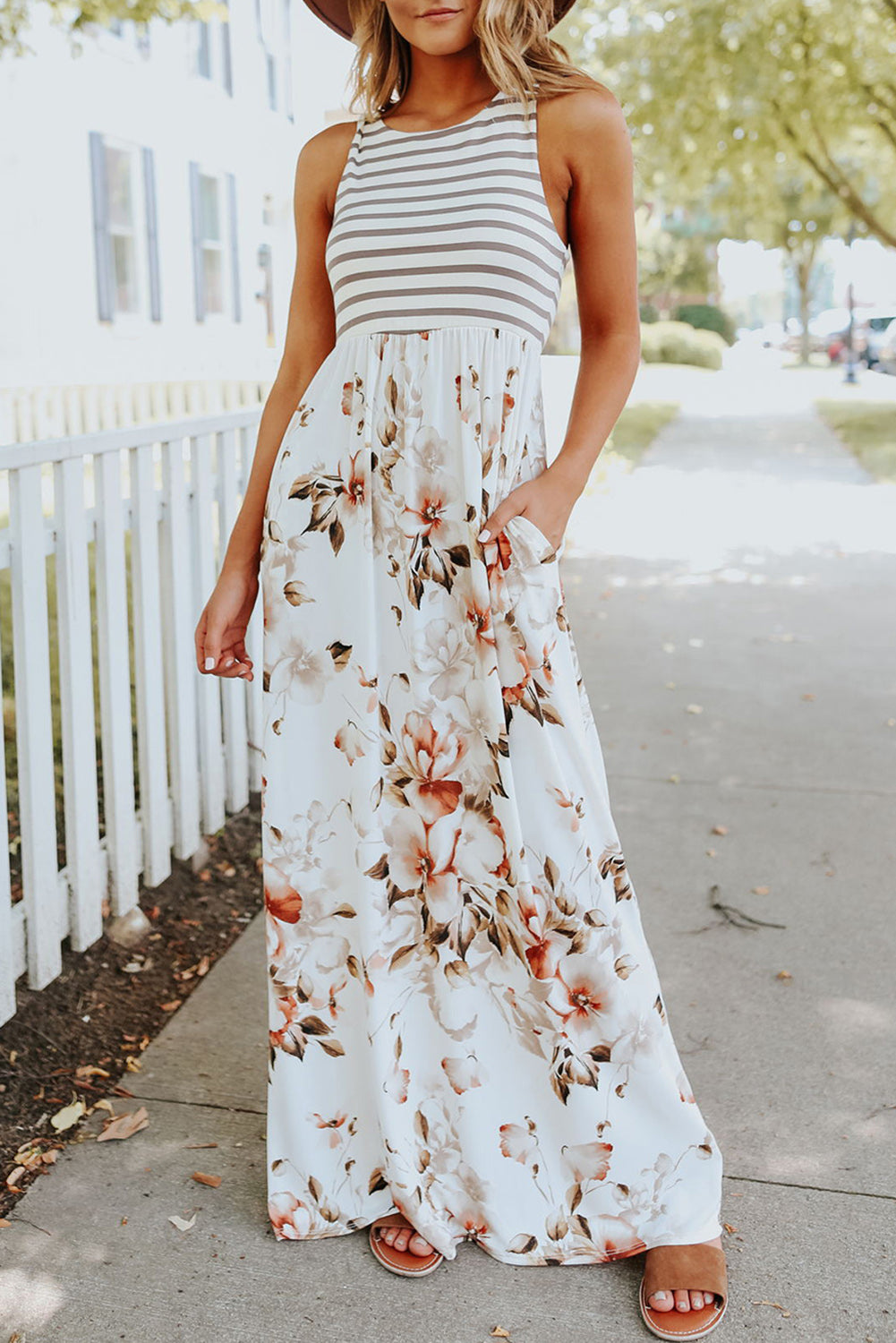 Striped Floral Maxi Dress