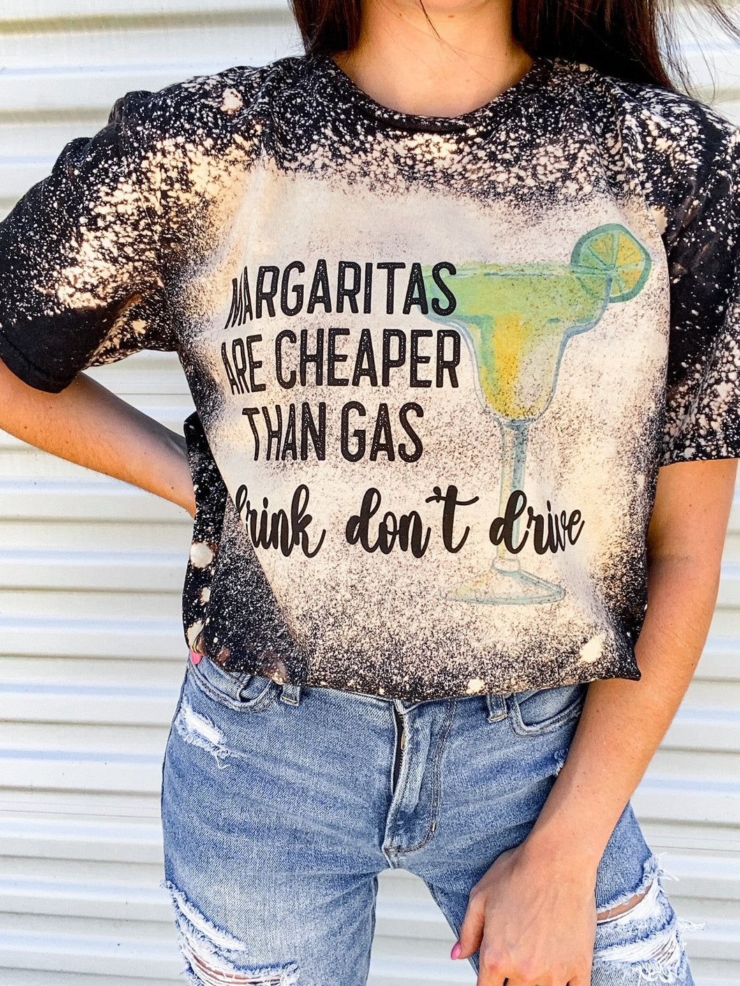 Margarita Cheaper Than Gas Black Bleached Graphic Tee