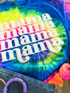 MAMA | White PUFFY Neon Rainbow Tie Dye Graphic Tee