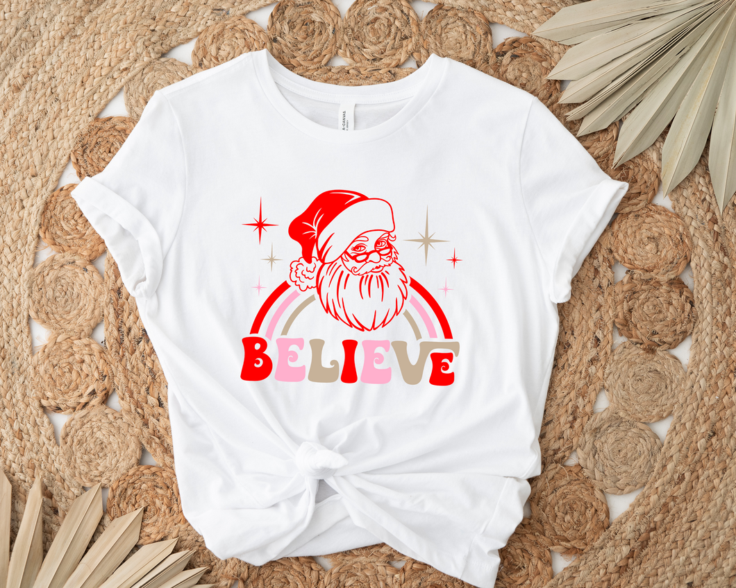 Believe Retro Santa White Graphic Tee